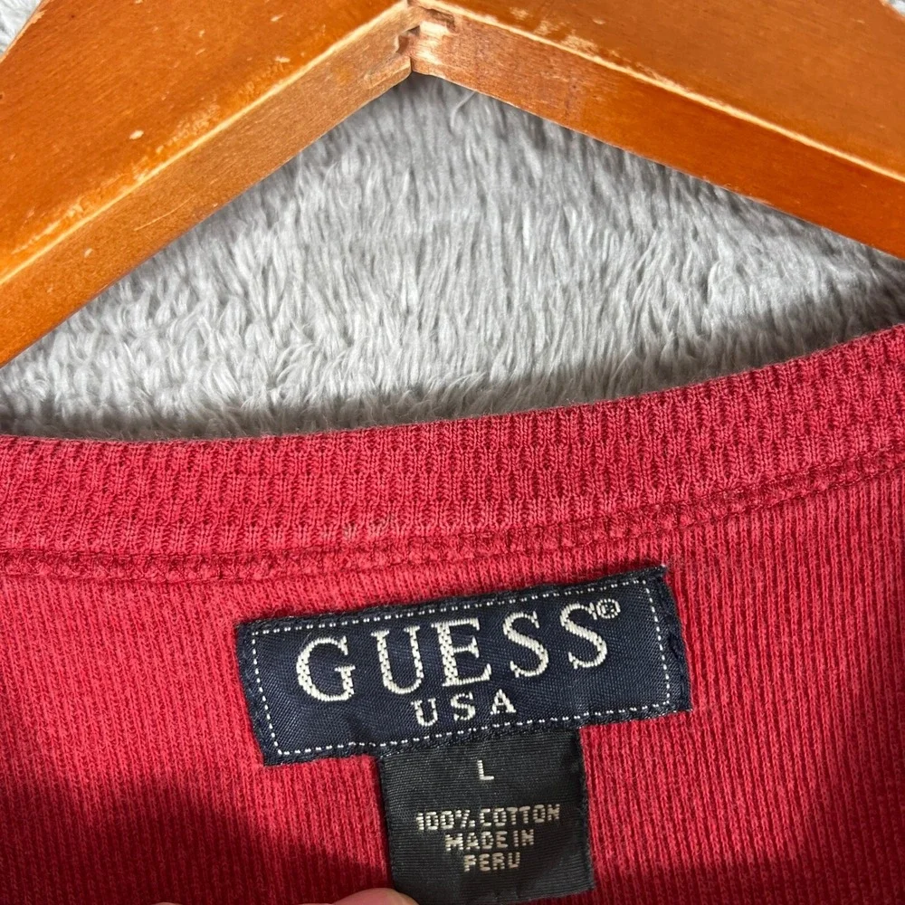 Guess USA Long Sleeve Shirt Mens Large Red V-Neck Cotton Y2K 2000s‎ - Picture 4 of 8